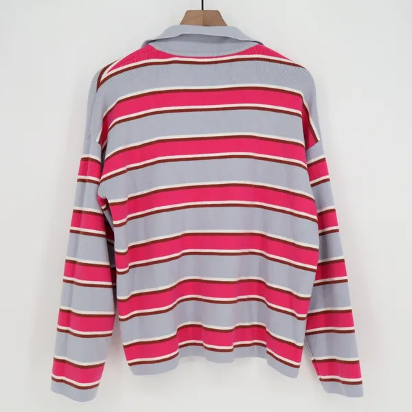 Pink Blue Striped Long Sleeve Knit Polo Sweater V-Neck Collar Size L - Image 4