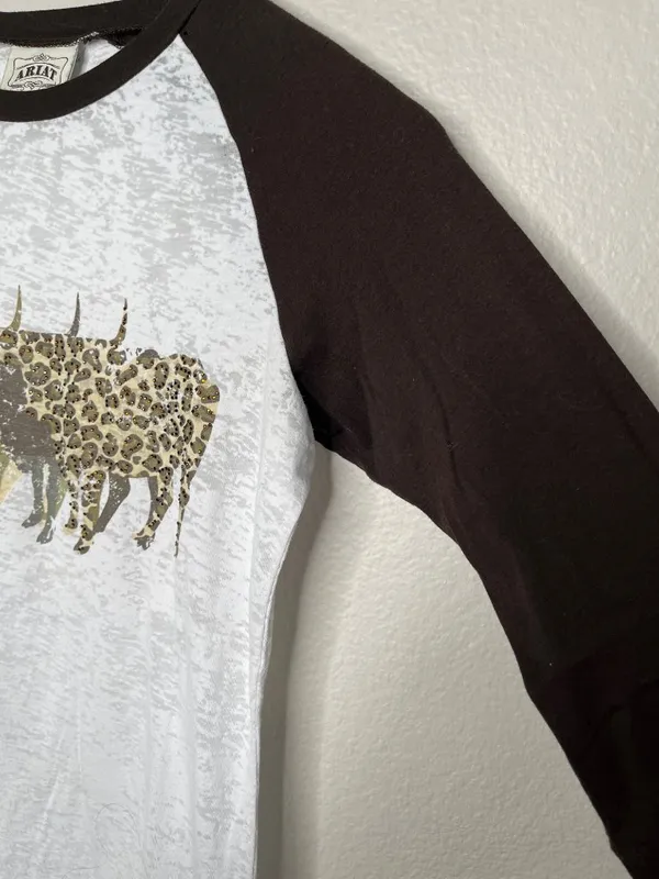 Ariat Womens Small White Brown Raglan Longhorn Western Burnout Graphic T-Shirt - Image 5