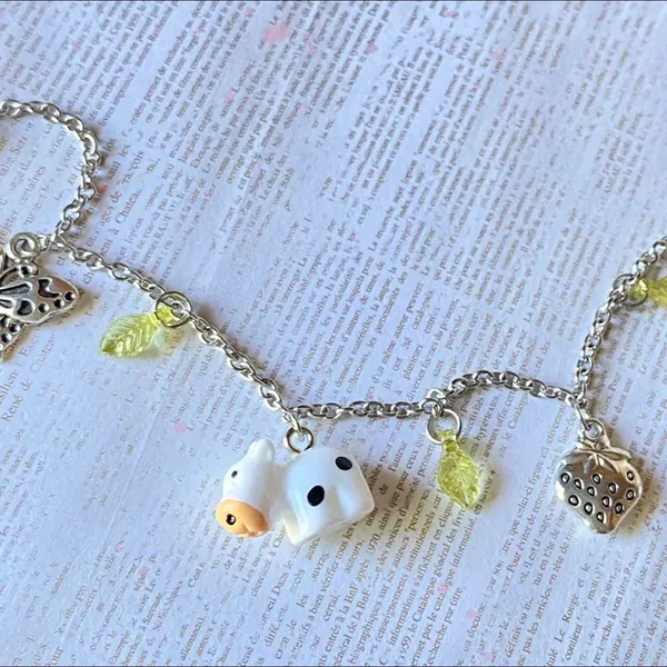 Handmade y2k Kawaii funky fairy cow&strawberry&butterfly stainless steel chain bracelet🐮🍓🍃🦋🌀🌳 - Image 4