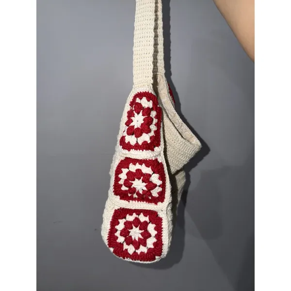 Crochet Granny Square Shoulder Tote Bag Red Beige Handmade Afghan Boho L‎ - Image 4