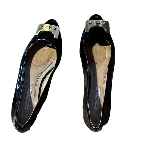 Diane Von Furstenburg Women's Black Patent Leather Ballet Flats Metal Buckle - Image 5