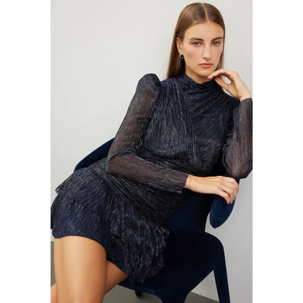 Sabina Musayev Brenda Navy Blue Metallic Long Sleeve Mock Neck Mini Dress Small - Image 4