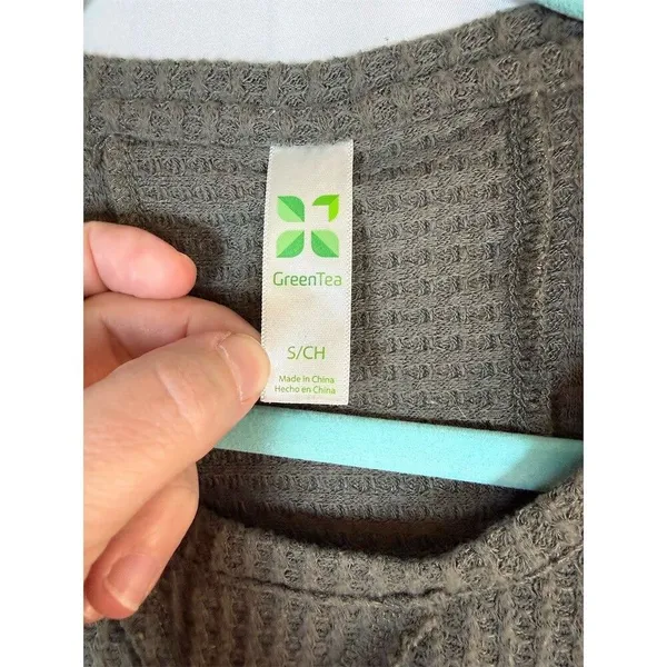 Green Tea Top Womens Small Olive Green Waffle Knit Thermal Long Sleeve - Image 3