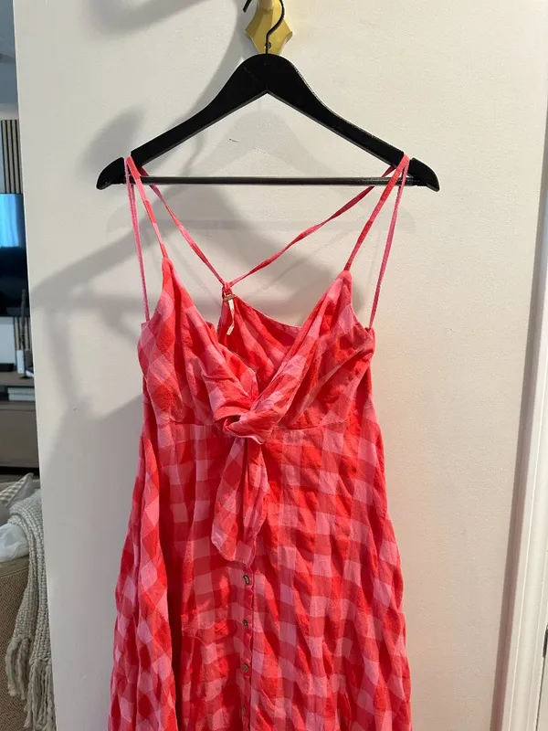 FREE PEOPLE Via Gingham Cotton Seersucker Sundress Red Combo Everly Small NWT - Image 5