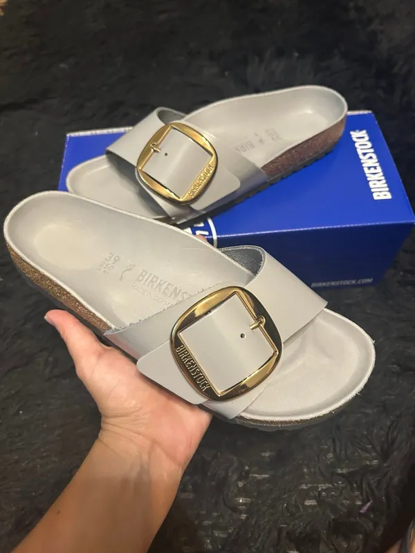 BIRKENSTOCK Madrid gray leather gold buckle sandals slippers shoes eur 39 new - Image 2