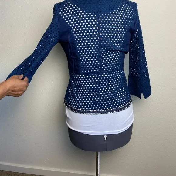 VIRGIN ONLY S Lady Navy Chic Open Eyelet Front Metallic Silver Trim Waist Blazer - Image 8