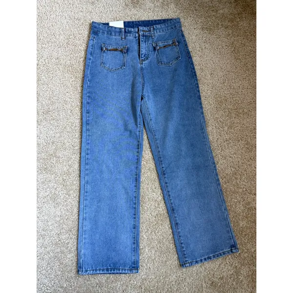 NWT‎ Women Straight Leg Jeans Blue Denim Pants Gold Pocket Detail fit Size S - Image 6