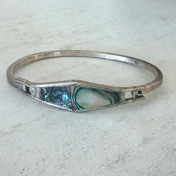 Vintage Mexico Alpaca Silver Abalone Shell Inlay Hinged Bangle Bracelet - Image 5