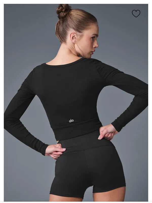 Alo Yoga Black Cover Long Sleeve Cropped Ribbed Top Wrap Detail Size Small - Image 2