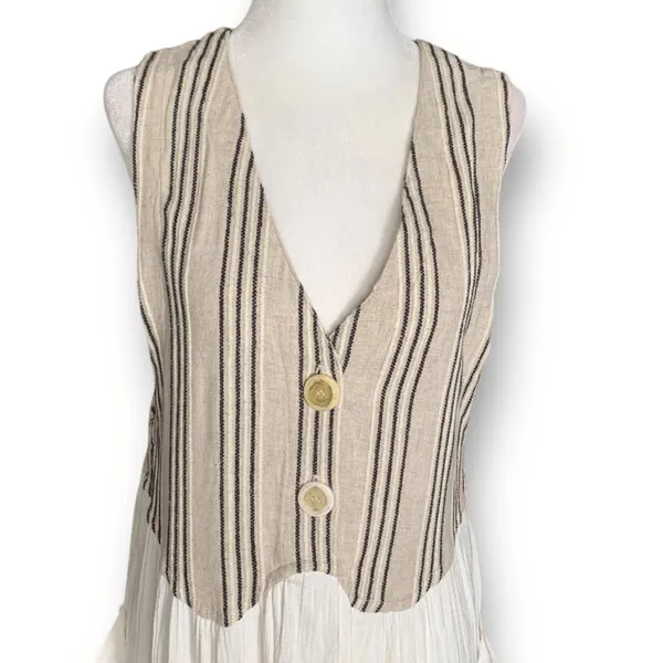 Vintage 90s Linen Rayon Colorblock Maxi Dress Boho Neutral Cottage Patch Pockets - Image 2