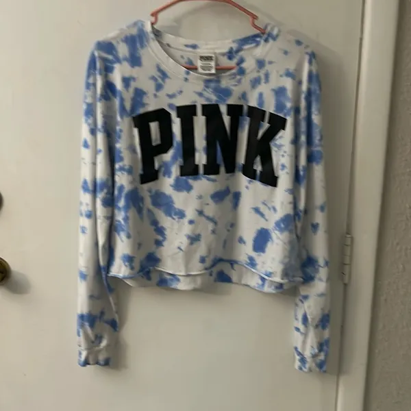 PINK Victoria’s Secret Long Sleeve Tie Dye Crop Top Blue/White L Casual Active - Image 3