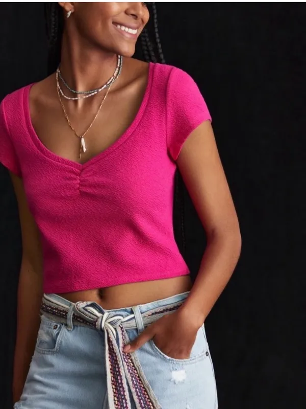 Anthropologie Hot Pink Ruched Scoop Neck Baby Tee Women’s Small BarbieCore Small - Image 8