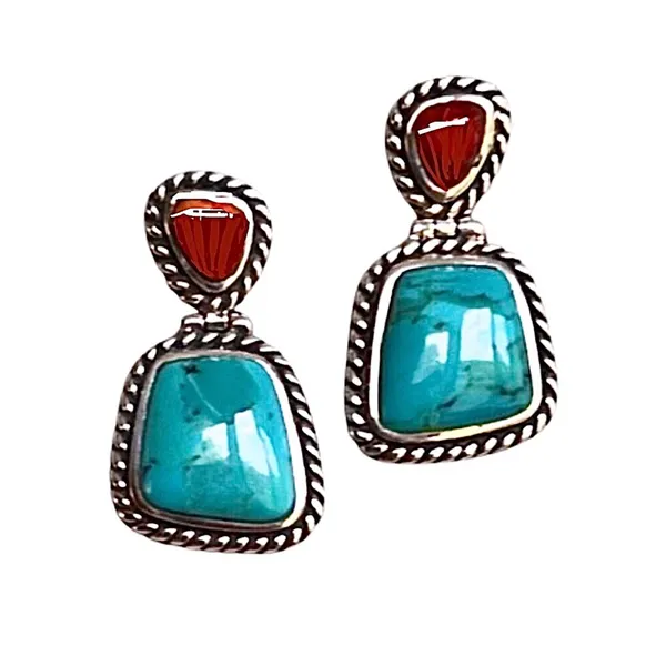 BARSE Sterling Silver Rope Edged Turquoise and Coral Drop Earrings - Image 12