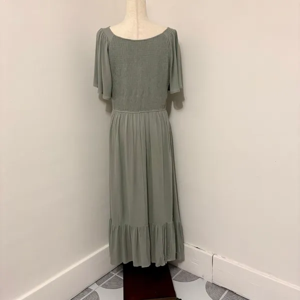JODIFL PinkBlush Green Smocked Ruffle Midi Dress Sz L - Image 3