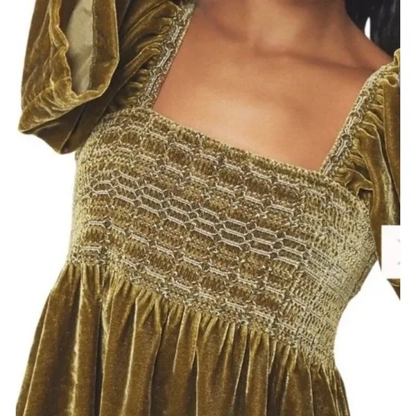 Free People Easy To Love Velvet Smocked Ruffle Mini Dress Size S Olive Green NEW - Image 3