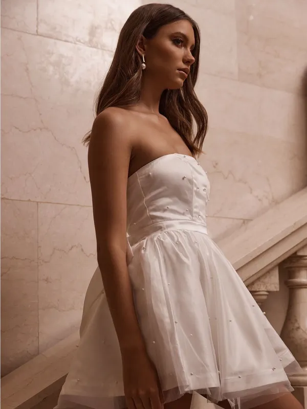 SHOWPO Cailene Strapless Bow Train Fit And Flare Mini Dress In Ivory - Image 4