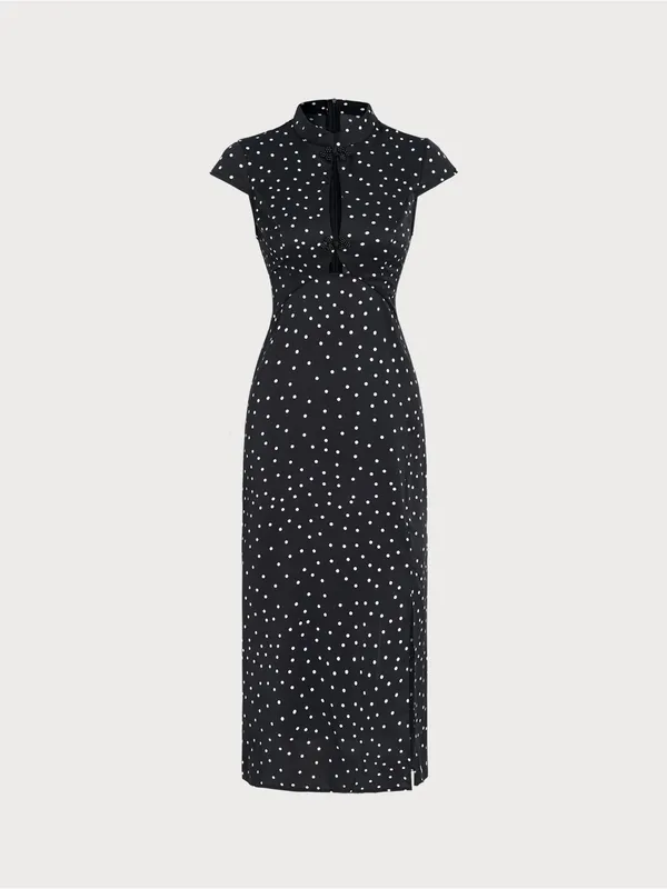 Rihoas Black Mandarin Collar Polka Dot Midi Dress - Image 7