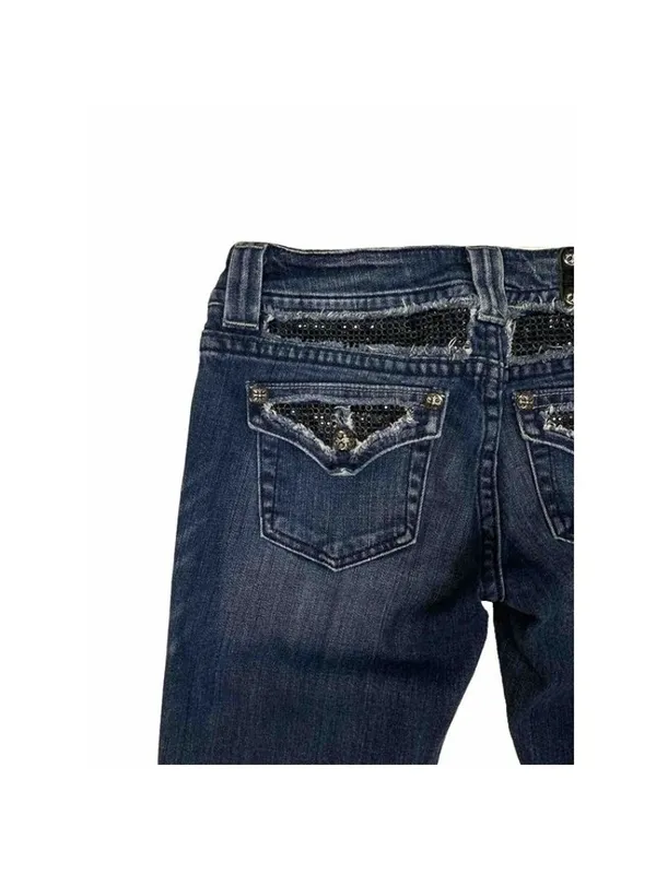 -Miss Me Boot Cut Denim Jeans Womens 29 Rhinestone Bling Flap Pocket Fleur de Li - Image 4