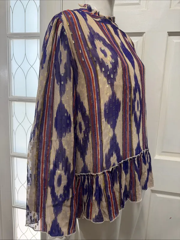 Oliphant Silk & Cotton Purple Ikat Ruffle Hem Long-Sleeve Top Size Large💜 - Image 10
