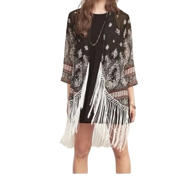 Abercrombie Boho Fringe Kimono Size XS Black Hippie Festival Coachella Western - Image 15