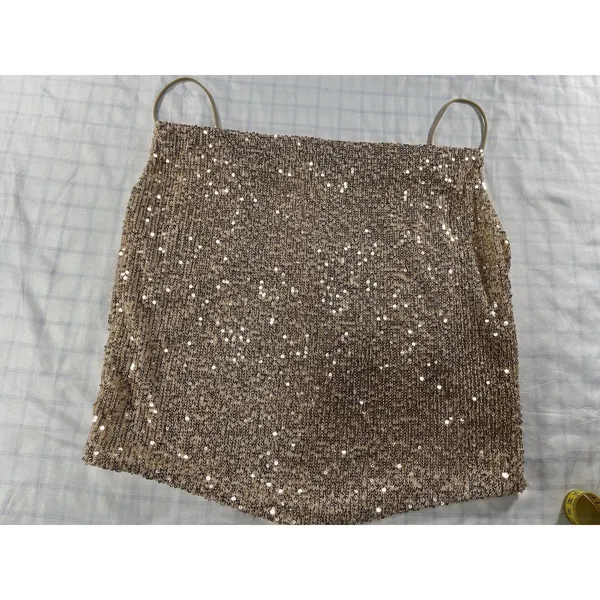Sparkly Rose Gold Sequin Camisole Cowl Neck Tank Top Cropped Party Clubwear - M - Image 3