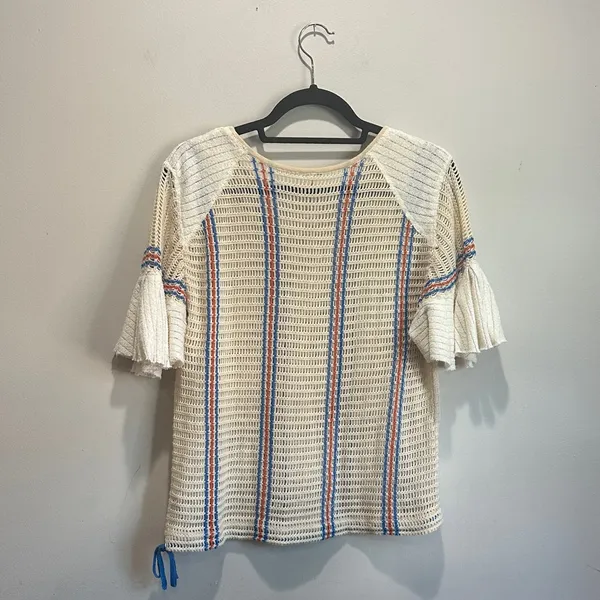 Free People Cream Knit Cropped Top with Blue and Orange Stripes - Image 6