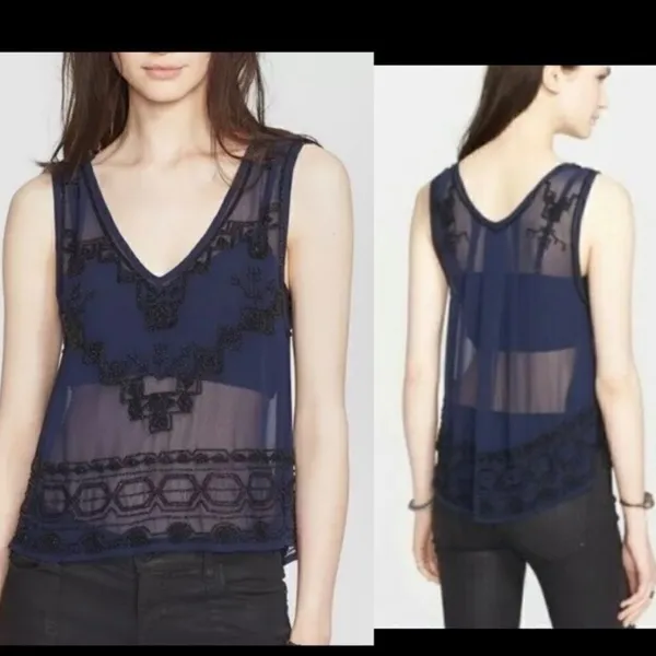 Free People Navy Blue Sheer Beaded Run With It Tank Top - Image 2