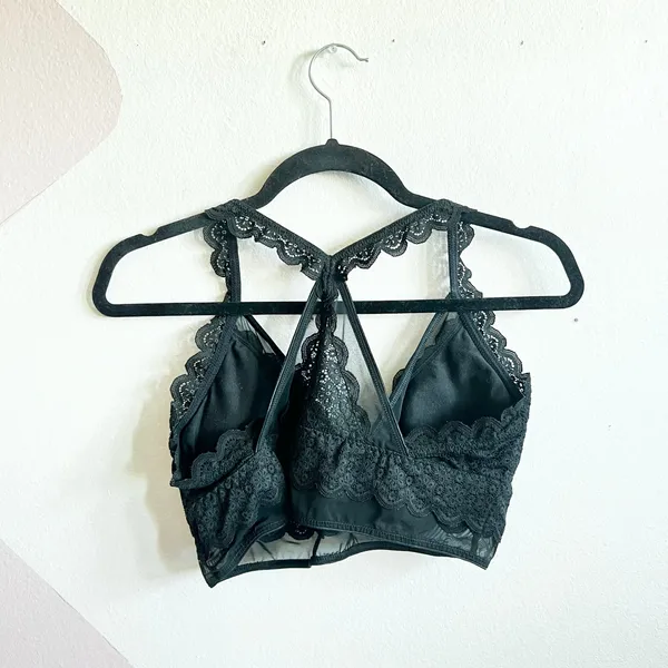 AERIE Black Lace Bralette Mesh Soft Comfort‎ Wireless Padded Racerback Large - Image 2