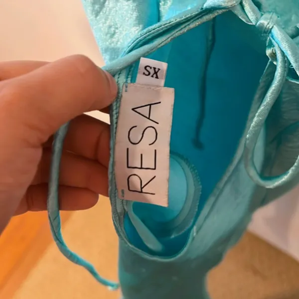 RESA Satin Mini Dress Teal Blue Slip Dress Cowl Neck Back Tie Party Date Night - Image 7