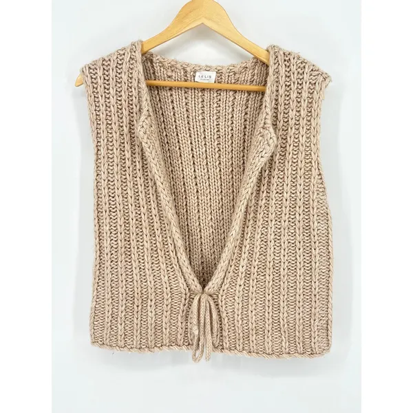 LE LIS Beige Chunky‎ Cable Ribbed Knit Sweater Vest Medium Tan Open Front Tie - Image 3