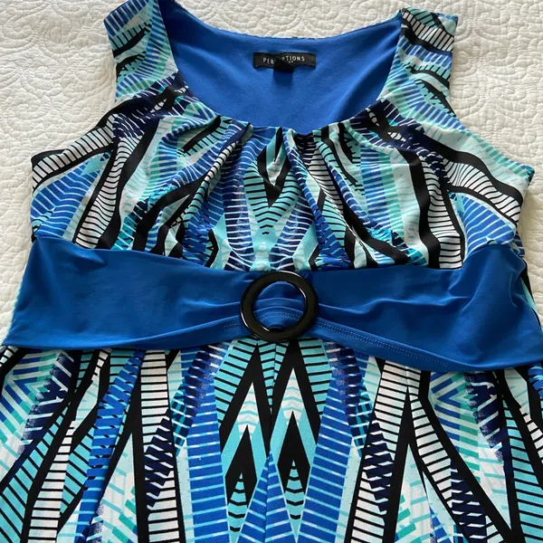 Perceptions Vibrant Blue Patterned Midi Dress Size Medium - Image 6