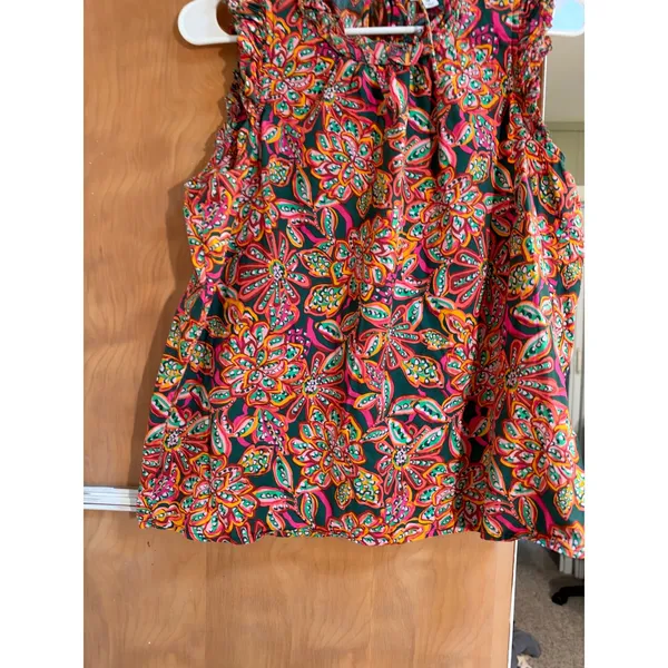 J. Crew Factory Women's Size Medium Sleeveless Ruffle Top Dark Green Pink Orange - Image 4