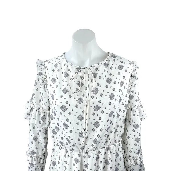 Sharon Max White Floral Long Sleeve Ruffle Tie Neck Tiered A Line Midi Dress M - Image 2