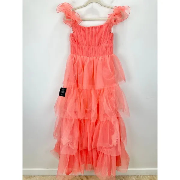 Lulus Tulle For Love Coral Pink Mesh Tulle Tiered Ruffled Maxi Dress Medium NWT - Image 9