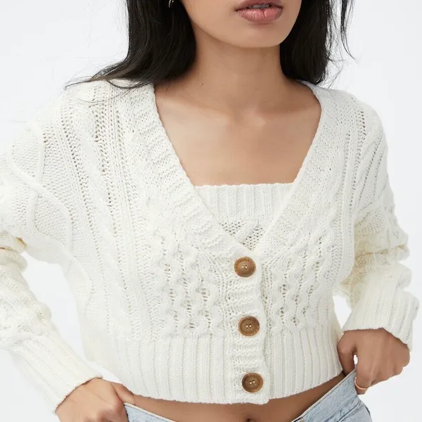 NWT Aeropostale Oversized Cable Knit Cropped V Neck Cardigan Sweater Cream XL - Image 2