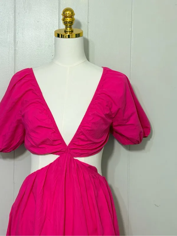 Zara Poplin Cut Out Puff Sleeve Midi Maxi Dress Fuchsia Pink Size M - Image 4