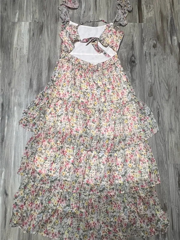 ASTR the Label Cassis Ruffle Maxi Dress Taupe Multi Floral Size Small - Image 5