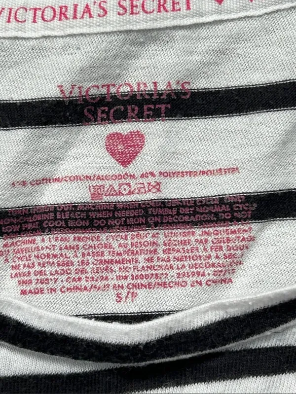 Victoria's Secret black & white striped pajama short sleeve shirt with pink glitter “Angel” graphic - Image 4