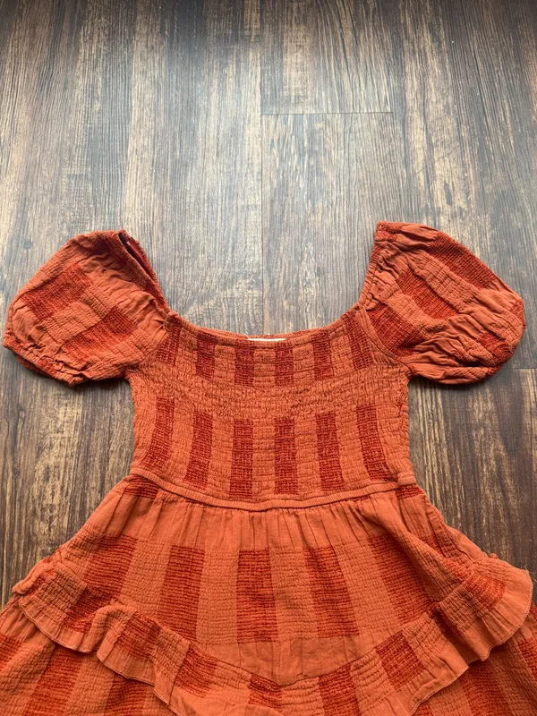 Altar'd State Burnt Orange Smocked Tiered Ruffle Puff Sleeve Boho Mini Dress- XS - Image 4