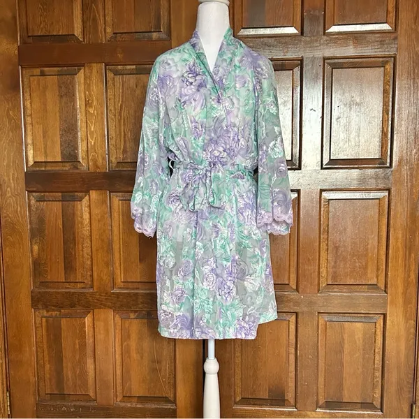 Vtg LA Intimates Robe Large Purple Green Floral Sheer Kimono Cottagecore 80s 90s - Image 2