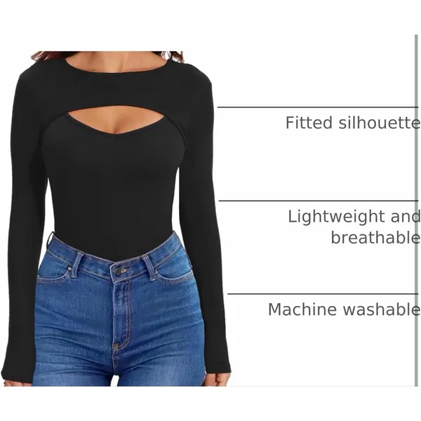 NEW Black Ribbed Bodysuit Ribbed Cut Out Long Sleeve L - Image 3