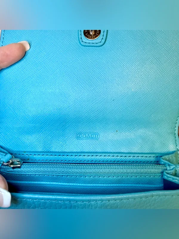 Coach Foldover Crossbody Wallet Bag Robin's Egg Blue Pebbled Leather - Image 5