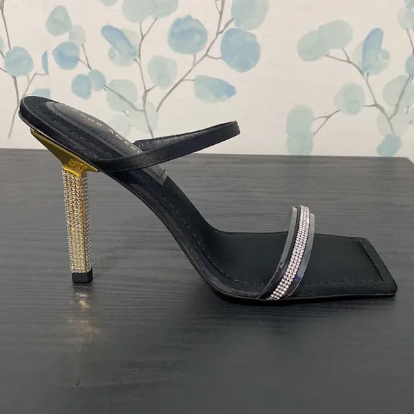 Good American Black Satin Rhinestone Heel Square Toe Pumps Size 8.5 - Image 2