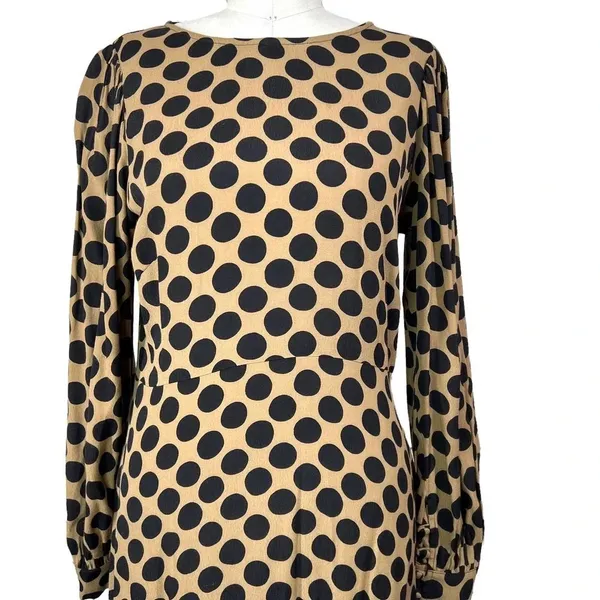 Rachel Pally Polka Dot Puff Sleeve Midi Dress Tan Black‎ Size Medium - Image 2