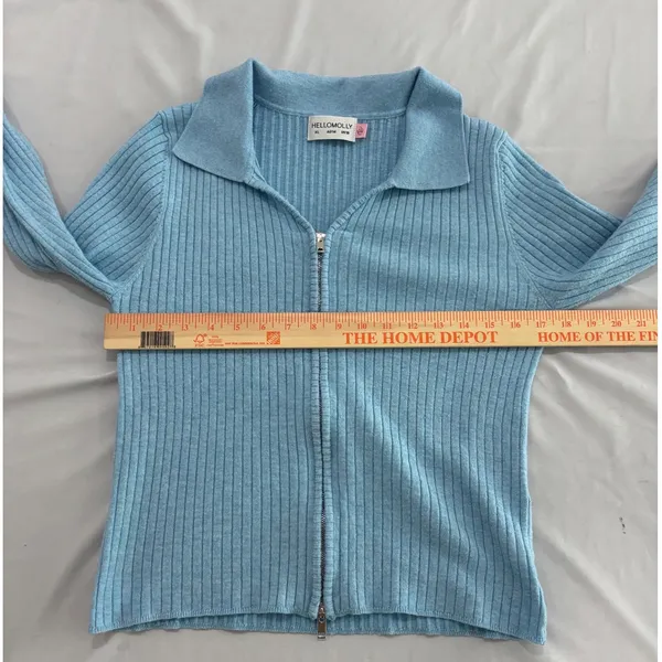 Hello Molly Light Blue Ribbed Knit Zip Up Cardigan Sweater XL US 10 Collar - Image 6