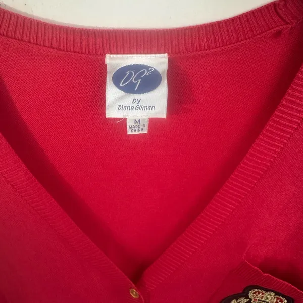 DG2 by Diane Gilman Red Long V-Neck Cardigan with Crest Patch - Image 2