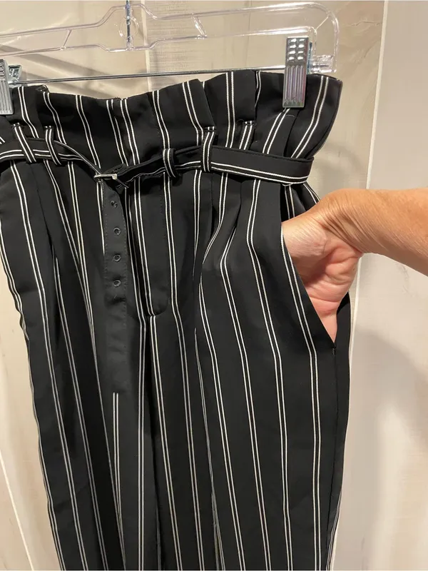 Cute classic flowy stripe paper bag waist belted pants wide leg Express office - Image 6