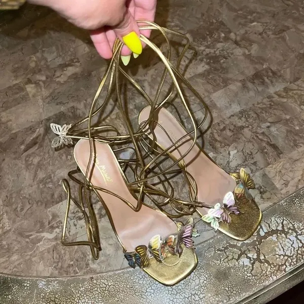 NWT Lace up gold butterfly heels Anne Michelle strappy size 9 - Image 4