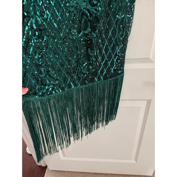 Unique Vintage 1920s Margaux Emerald Green Sequin Fringe Flapper Dress Small 4 - Image 2