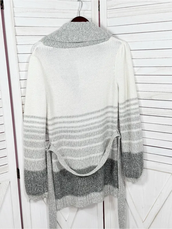 St. John's Bay Stripe Colorblock Shawl Collar Belted Cardigan Sweater Grey White - Image 8